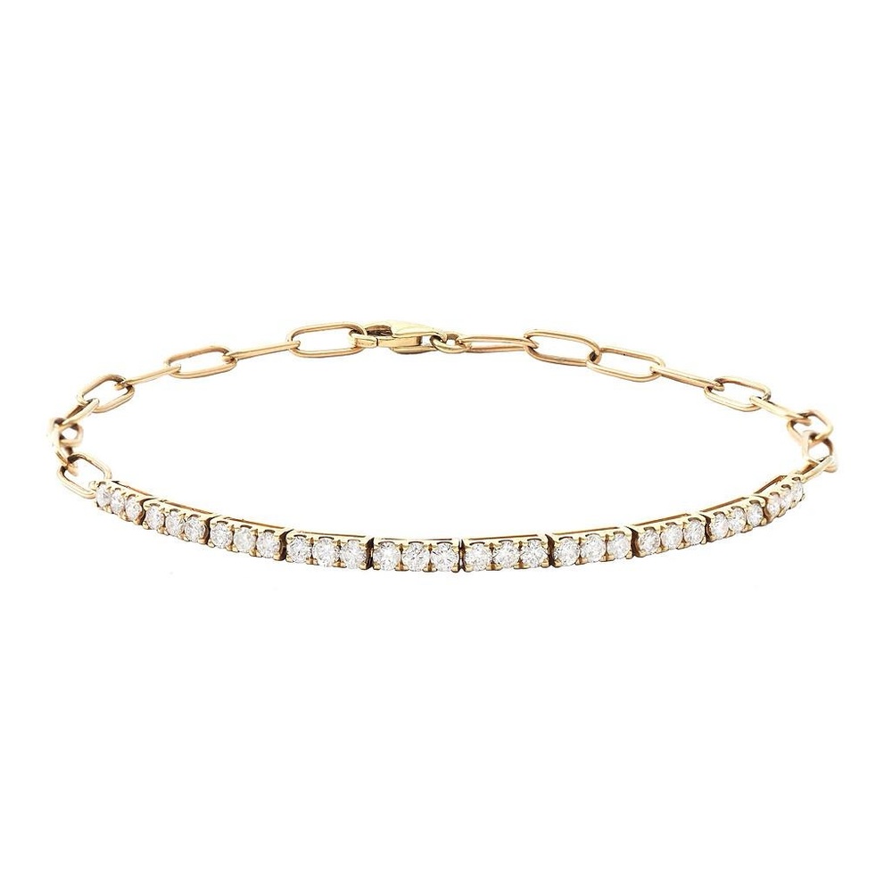 14K Real Yellow Gold Round Prong Diamond With Paper Clip Bracelet